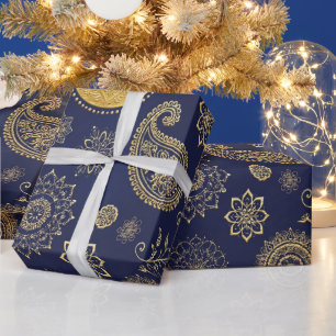 Dark Blue & Gold Diya Diwali Gift Wrapping Paper