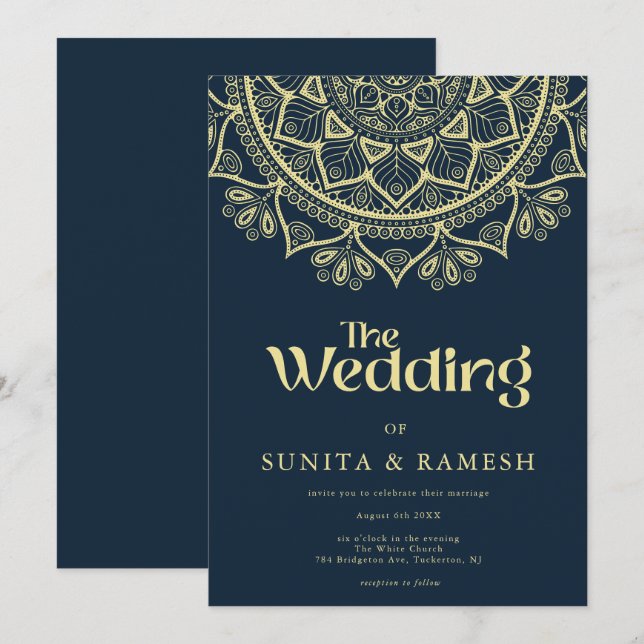 Dark Blue Gold Elegant Bollywood Indian Wedding Invitation (Front/Back)