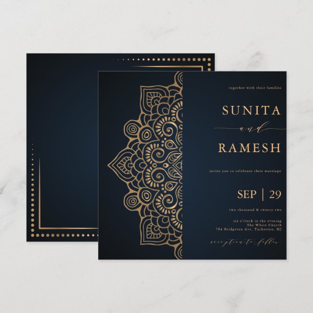Dark Blue Gold Elegant Mandala Indian Wedding Invitation (Front/Back)