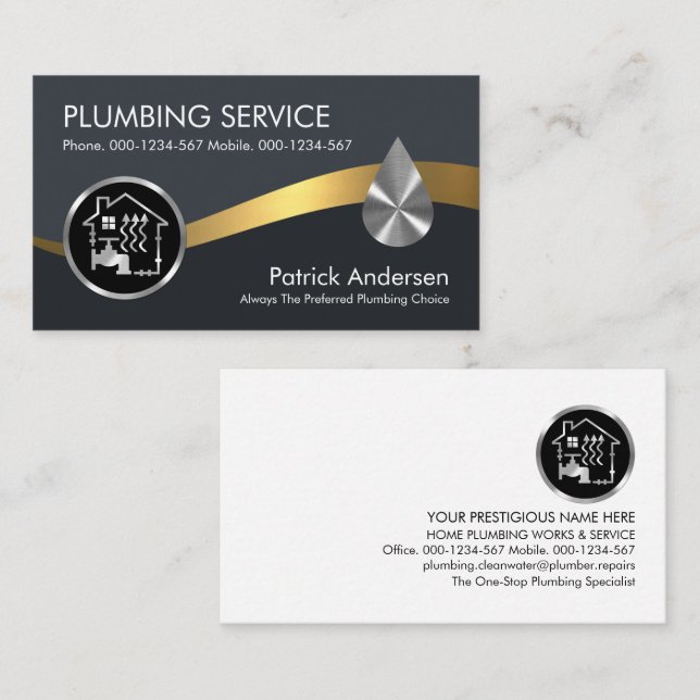 Dark Blue Gold Faucet Waves Business Card (Front/Back)