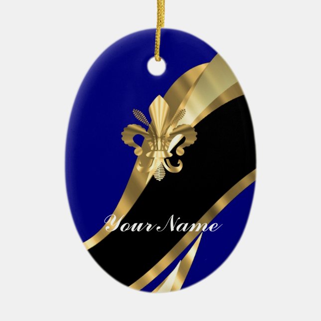 Dark blue & gold fleur de lys ceramic ornament (Front)
