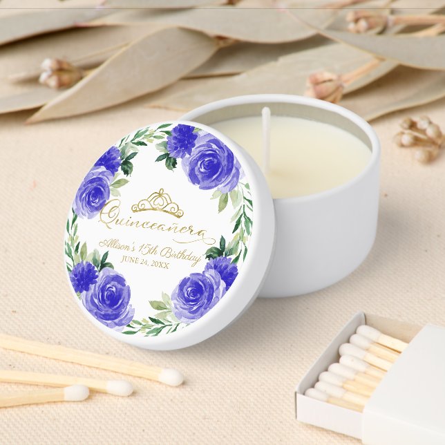 Dark Blue Gold Floral Quinceañera Mini Candle Favors (Insitu)