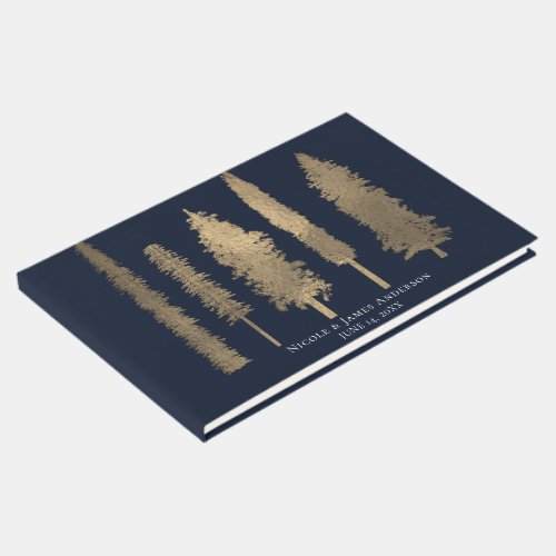 Dark Blue  Gold Forest Woodsy Trees Wedding Guest Book
