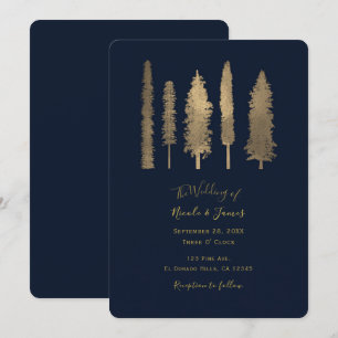 Dark Blue & Gold Forest Woodsy Trees Wedding Invitation