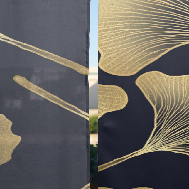 Dark Blue Gold Ginkgo Floral Pattern Blackout Curtains (Sheer vs. Blackout)