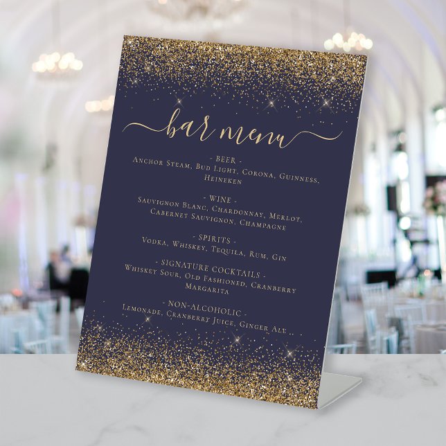 Dark Blue Gold Glitter Bar Menu Pedestal Sign (Creator Uploaded)