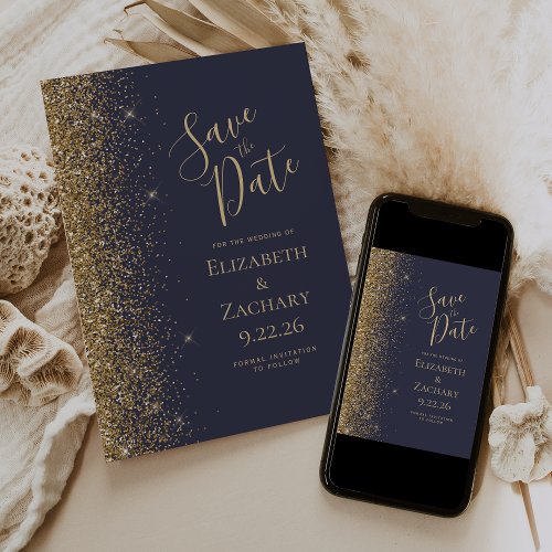 Dark Blue Gold Glitter Save the Date Announcement