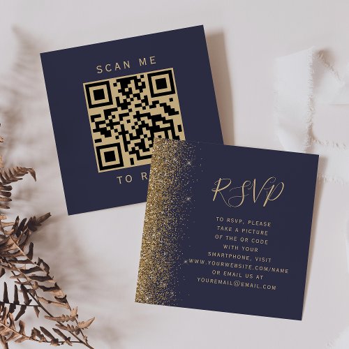 Dark Blue Gold Glitter Wedding QR Code RSVP Enclosure Card