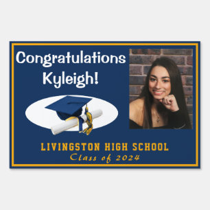 Dark Blue & Gold Graduation Photo Lawn Sign