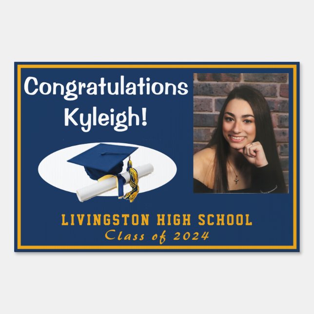 Dark Blue & Gold Graduation Photo Lawn Sign (Front)