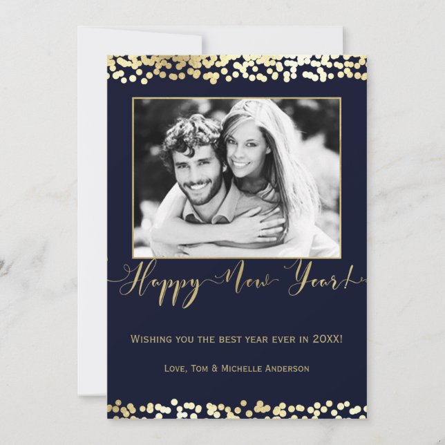 Dark Blue & Gold Happy New Year Modern Photo Holiday Card (Front)