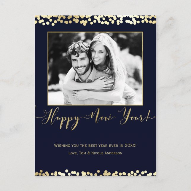 Dark Blue & Gold Happy New Year Modern Photo Holiday Postcard (Front)