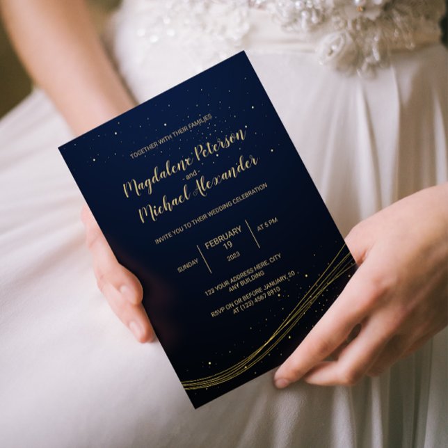 Dark Blue | Gold Lines and Dust Wedding Foil Invitation (Creator Uploaded)