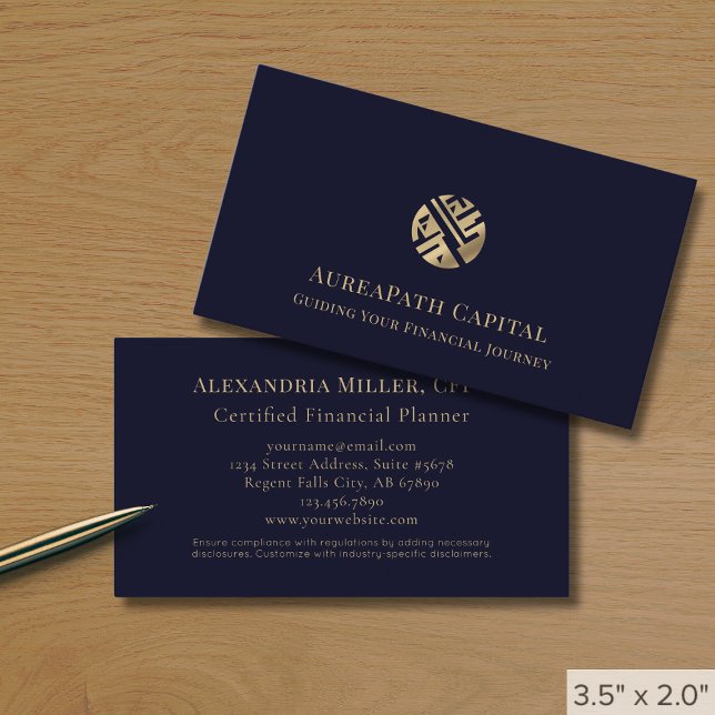 Dark Blue Gold Logo Financial Business Card (Creator Uploaded)