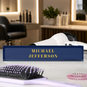 Dark Blue & Gold Minimalist Plain Modern Own Name Desk Name Plate
