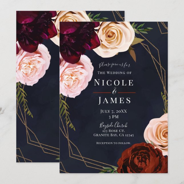 Dark Blue & Gold Modern Rustic Floral Wedding Invitation (Front/Back)