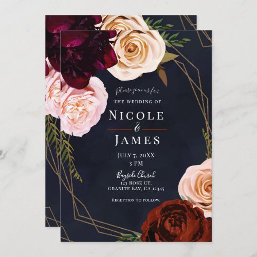 Dark Blue  Gold Modern Rustic Floral Wedding Invitation