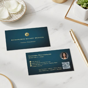 Dark Blue & Gold Monogram Sleek Notary QR Photo  Business Card