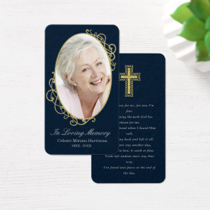 Dark Blue Gold Photo Funeral Prayer Card