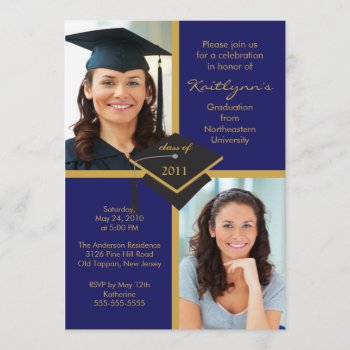 Dark Blue & Gold Photo Graduation Invitation by celebrateitinvites at Zazzle