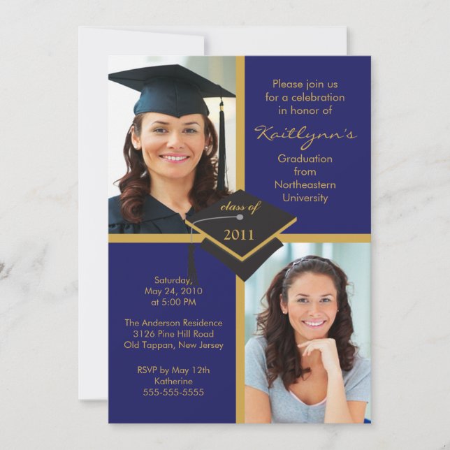 DARK Blue & Gold Photo Graduation Invitation (Front)