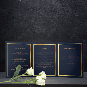 Dark blue gold photo tri-fold funeral program