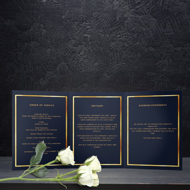 Dark blue gold photo tri-fold funeral program (Creator Uploaded)