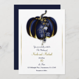 Dark Blue & Gold Pumpkin Storybook Fall Wedding Invitation