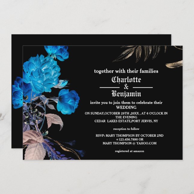 Dark Blue & Gold Rose Gothic Wedding Invitation (Front/Back)