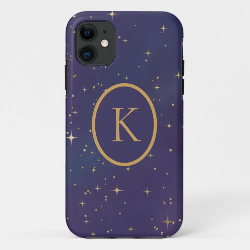 Dark Blue  Gold Starry Sky Monogram iPhone 11 Case