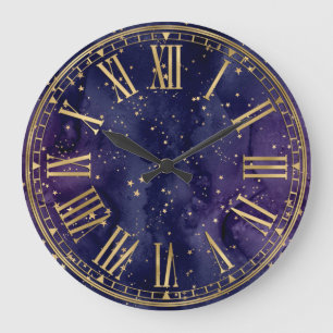 Dark Blue & Gold Stars Fantasy Wizardry Pattern Large Clock
