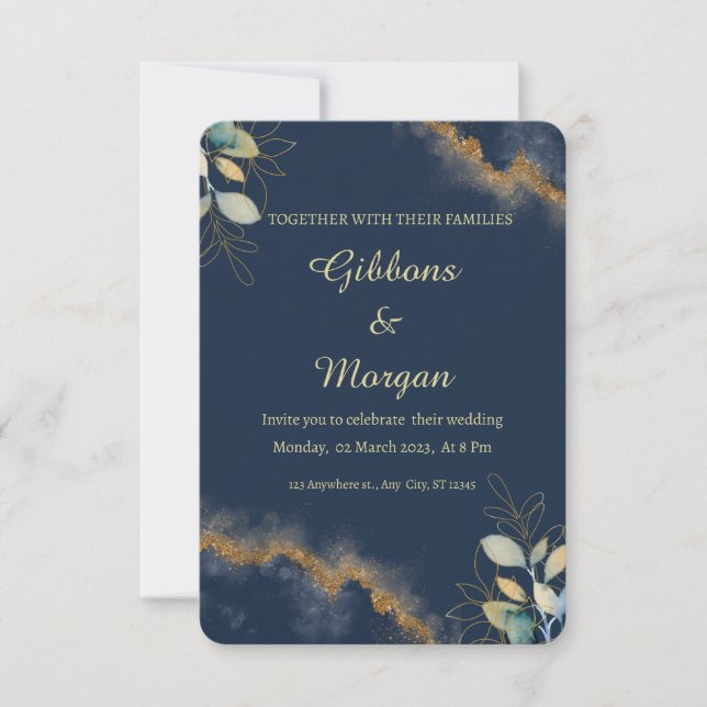 Dark Blue Gold Watercolor Wash Modern Wedding  Invitation (Front)