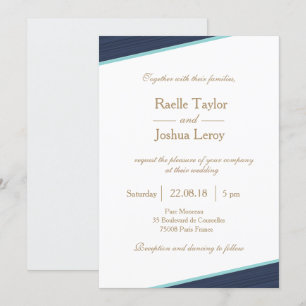 Dark blue gold white gray subtle stripes wedding invitation