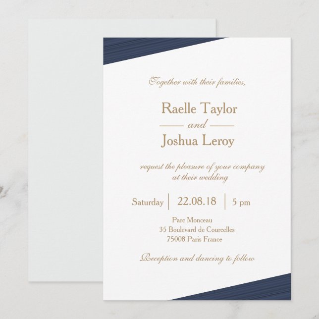 Dark blue gold white gray subtle stripes wedding invitation (Front/Back)