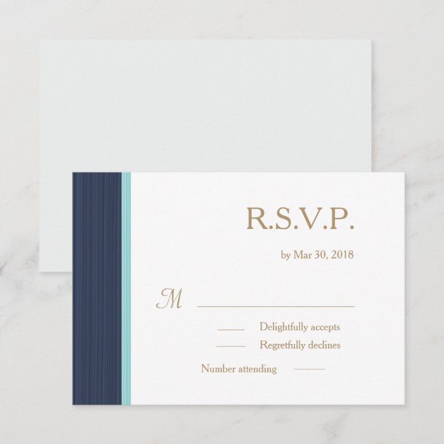 Dark blue gold white subtle stripes wedding RSVP Invitation (Front/Back)