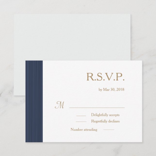 Dark blue gold white subtle stripes wedding RSVP Invitation (Front/Back)