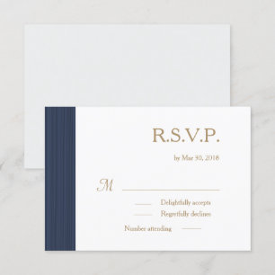 Dark blue gold white subtle stripes wedding RSVP Invitation