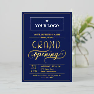 Dark Blue & Gold Wide Logo Grand Opening Foil Invitation