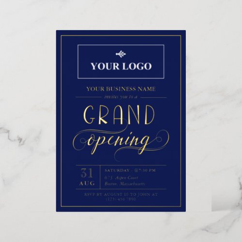 Dark Blue  Gold Wide Logo Grand Opening Foil Invitation