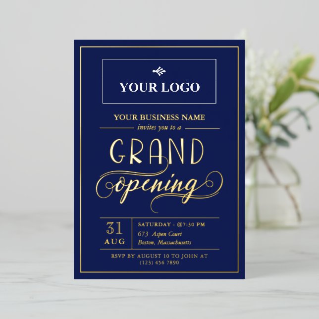 Dark Blue & Gold Wide Logo Grand Opening Foil Invitation (Standing Front)