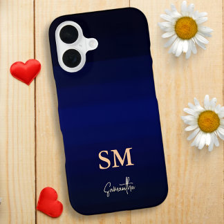 Dark Blue Gradient Color Stripes with Monogram iPhone 16 Case