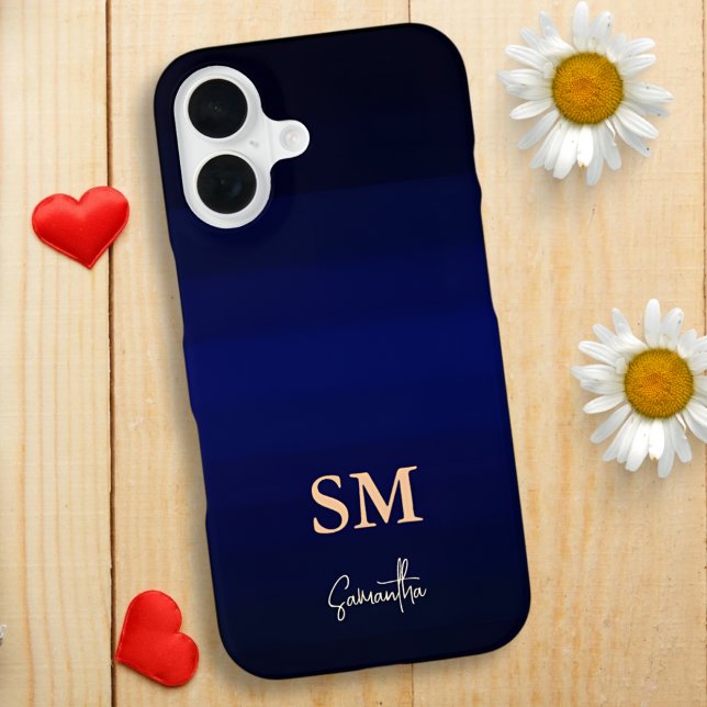 Dark Blue Gradient Color Stripes with Monogram iPhone Case (Creator Uploaded)