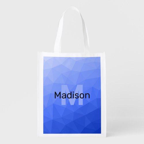 Dark blue gradient geometric mesh Monogram Grocery Bag