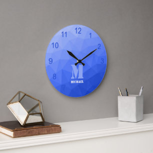 Dark blue gradient Geometric Mesh Pattern Monogram Large Clock