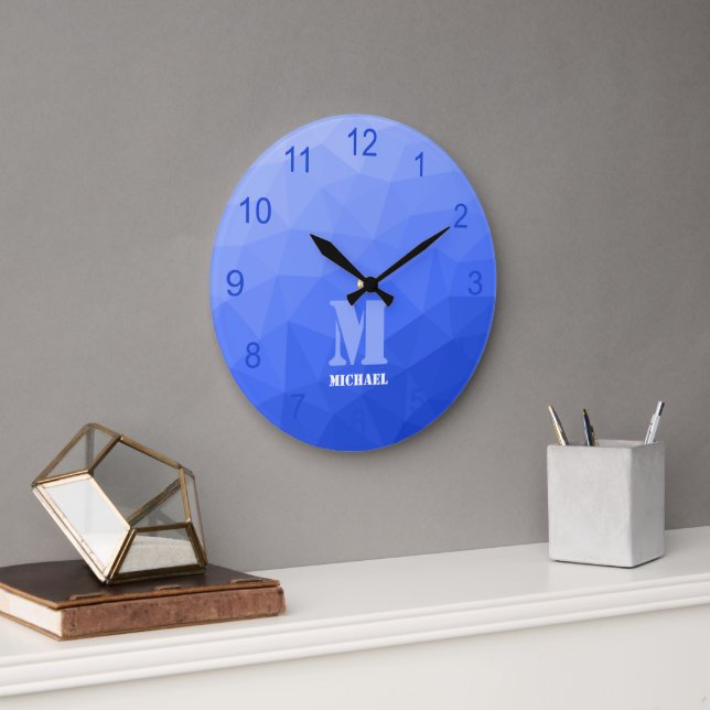 Dark blue gradient Geometric Mesh Pattern Monogram Large Clock (Office)
