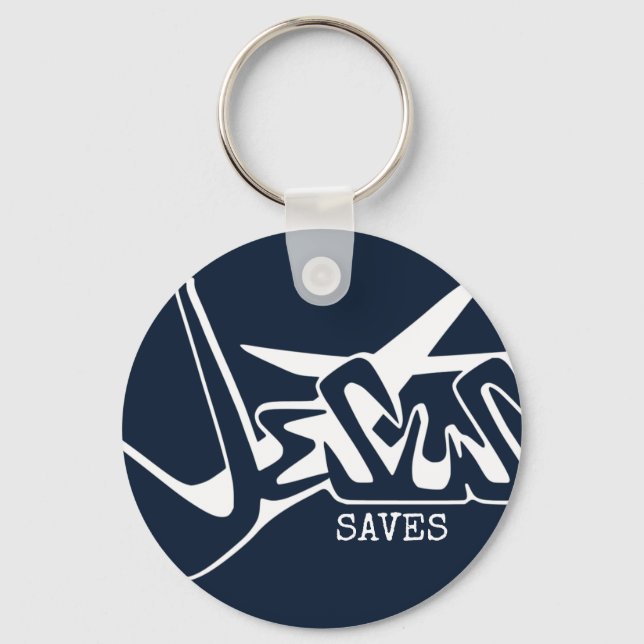 Dark Blue Graffiti Jesus Saves Keychain (Front)