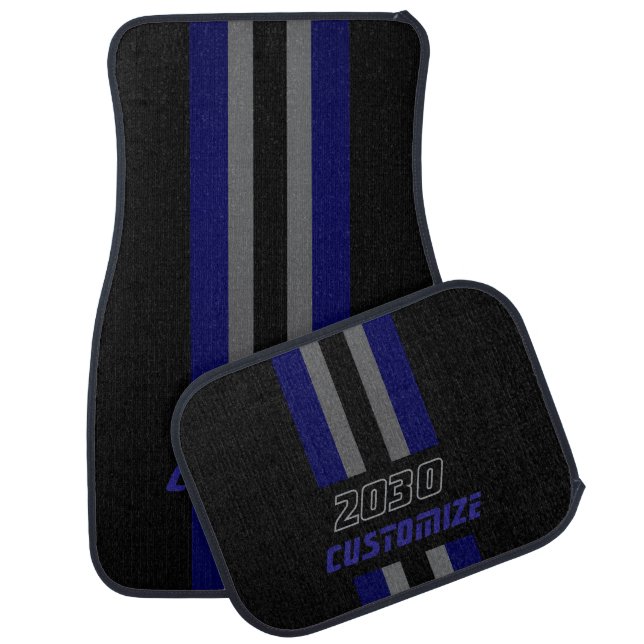 Dark Blue, Gray And Black Race Double Stripes Car Mat (Set)