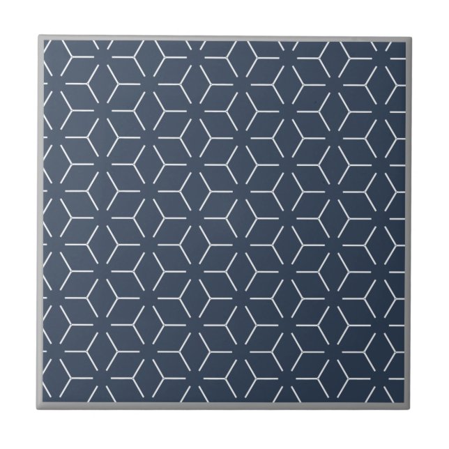 Dark Blue Gray Border White Geometric Pattern Tile (Front)