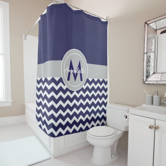 Dark Blue Gray Chevron Shower Curtain (In Situ)