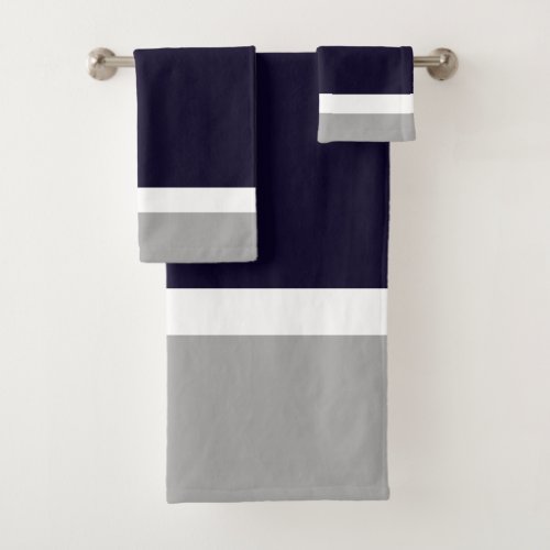 Dark Blue Gray Color Blocked Plush Bath Towel Set